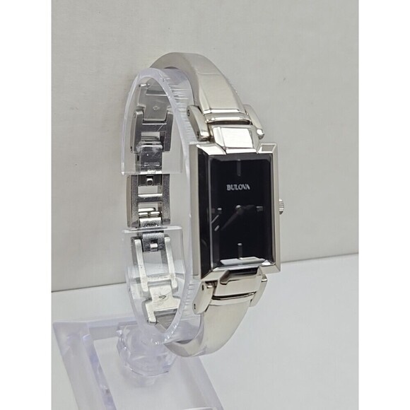 Bulova 96L138 Womens Black Dial Rectangle Stainless Bangle Watch New Battery main image 5